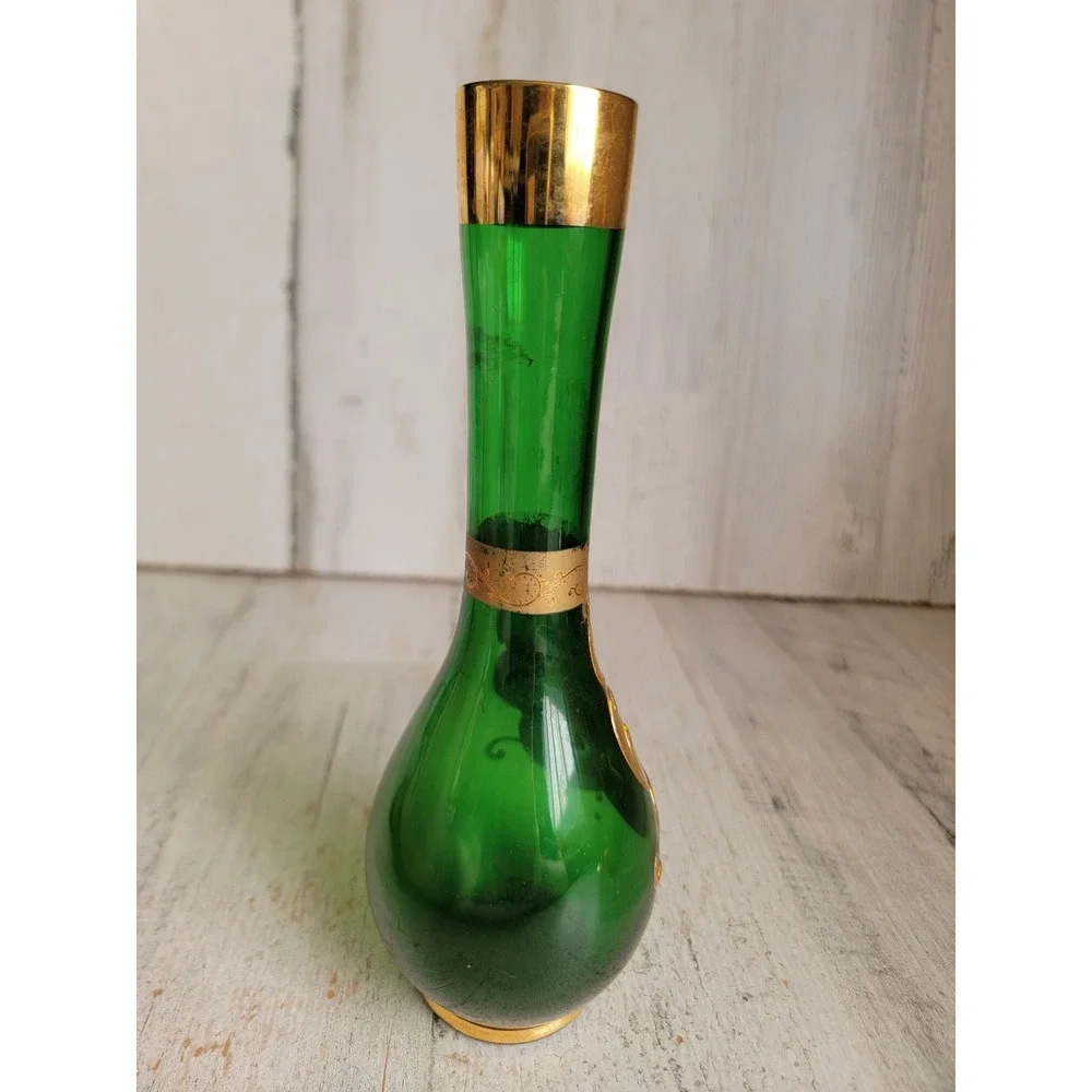 Bohemian Czech flower bud green vase glass Floral centerpiece Unique Home